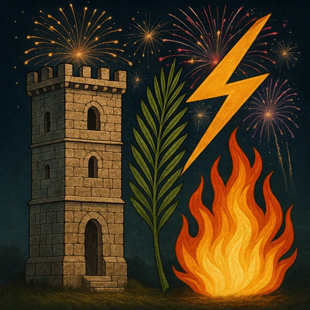 Símbolos de Santa Bárbara, patrona de los pirotecnicos, militares, mineros y artilleros