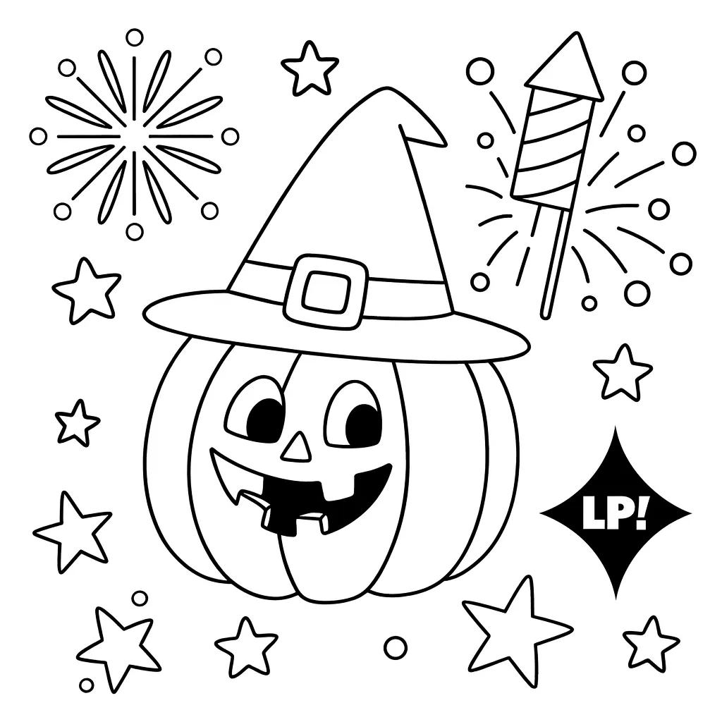 Dibujos de halloween y pirotecnia de calabaza bruja para colorear para niños