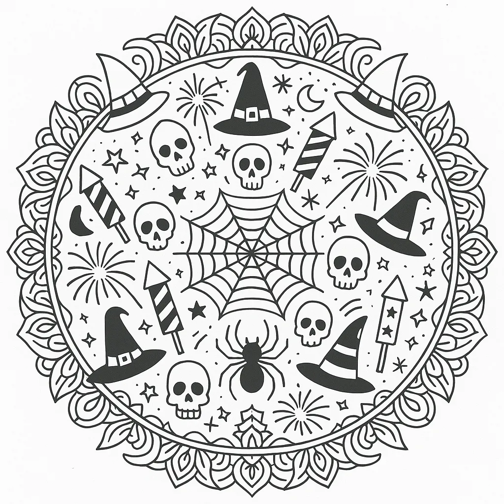 Dibujos de halloween y pirotecnia de mandalas para colorear para niños y adultos