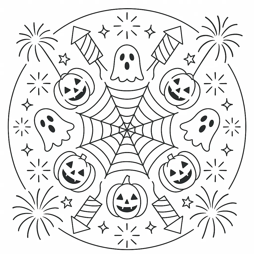 Dibujos de halloween y pirotecnia de mandalas para colorear para niños
