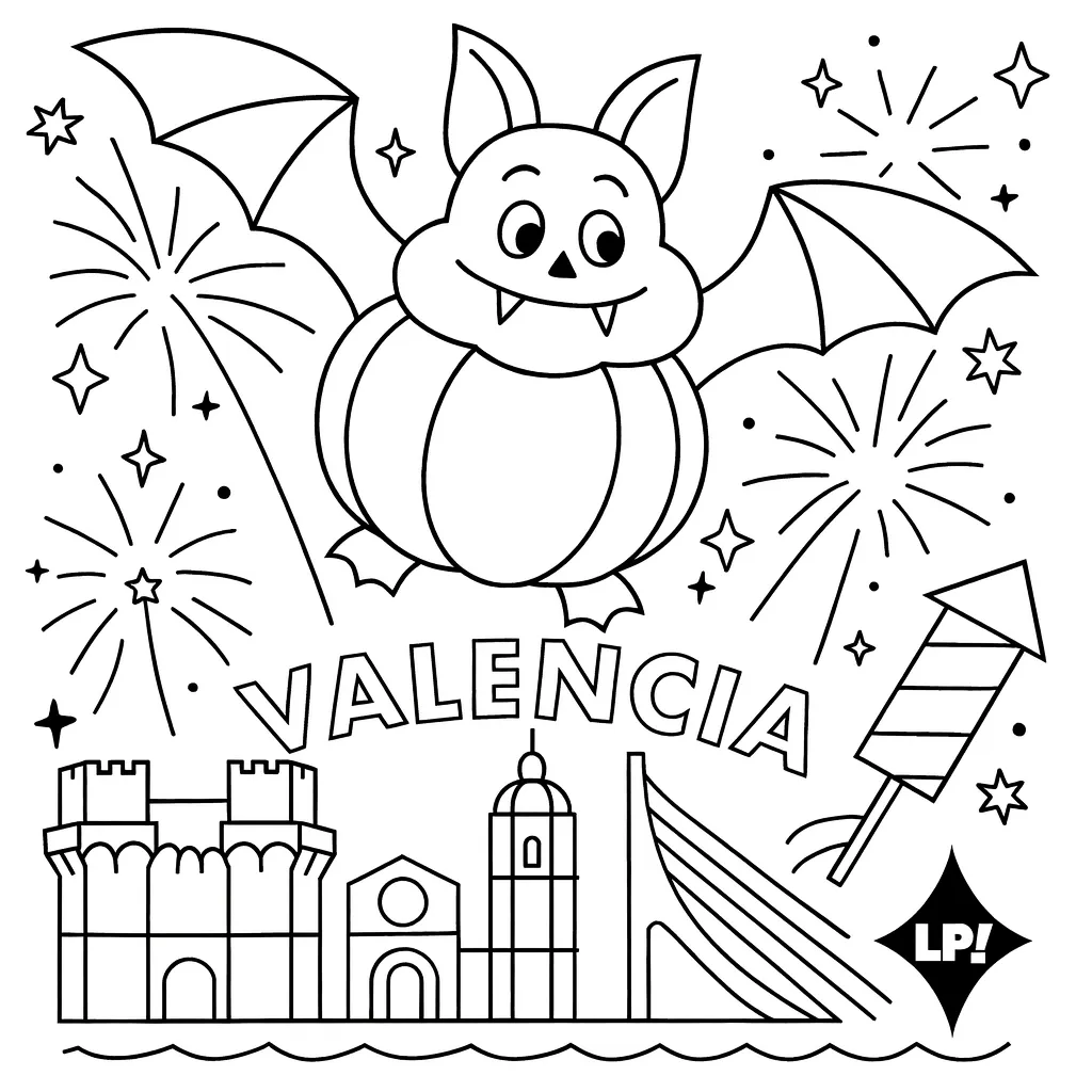 Dibujos de halloween y pirotecnia de Valencia para colorear para niños