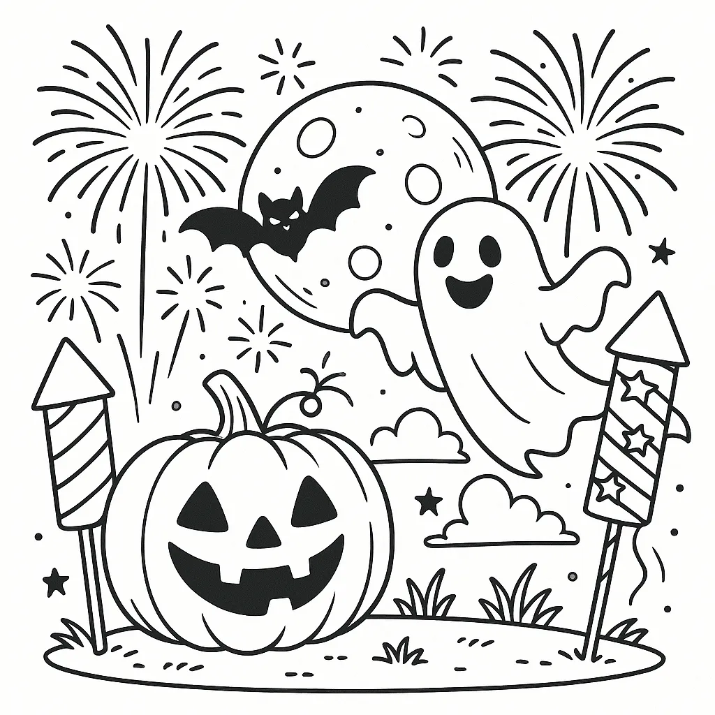 Dibujos de halloween y pirotecnia para colorear para niños