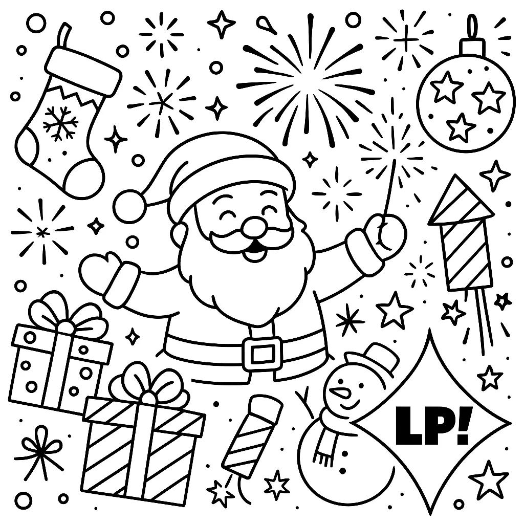Dibujo para colorear de Papá Noel con petardos y pirotecnia