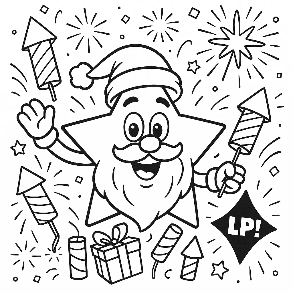 Dibujo para colorear de estrella de Navidad disfrazada de Papá Noel con petardos y pirotecnia