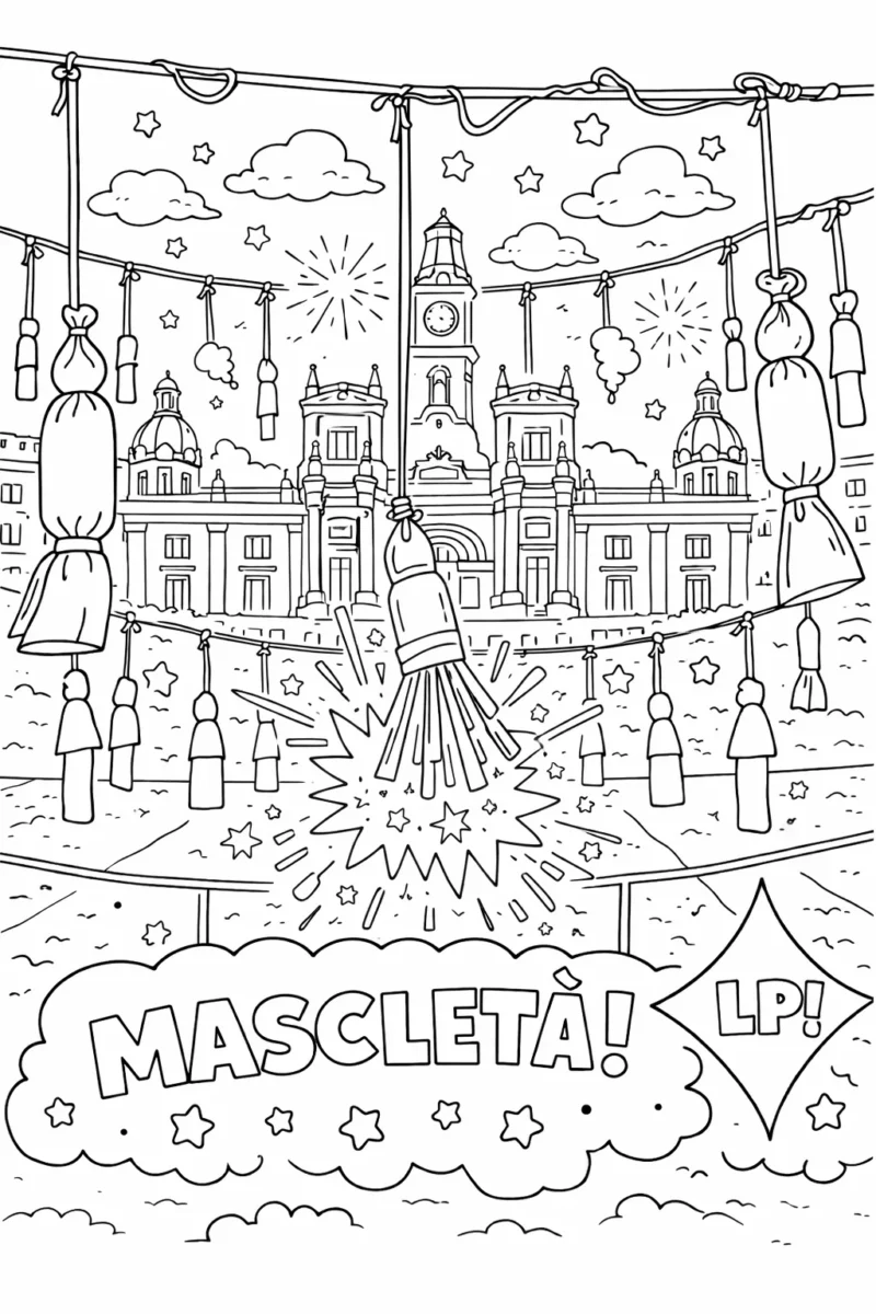 Dibujo para colorear de una mascletà en la Plaza del Ayuntamiento de Valencia