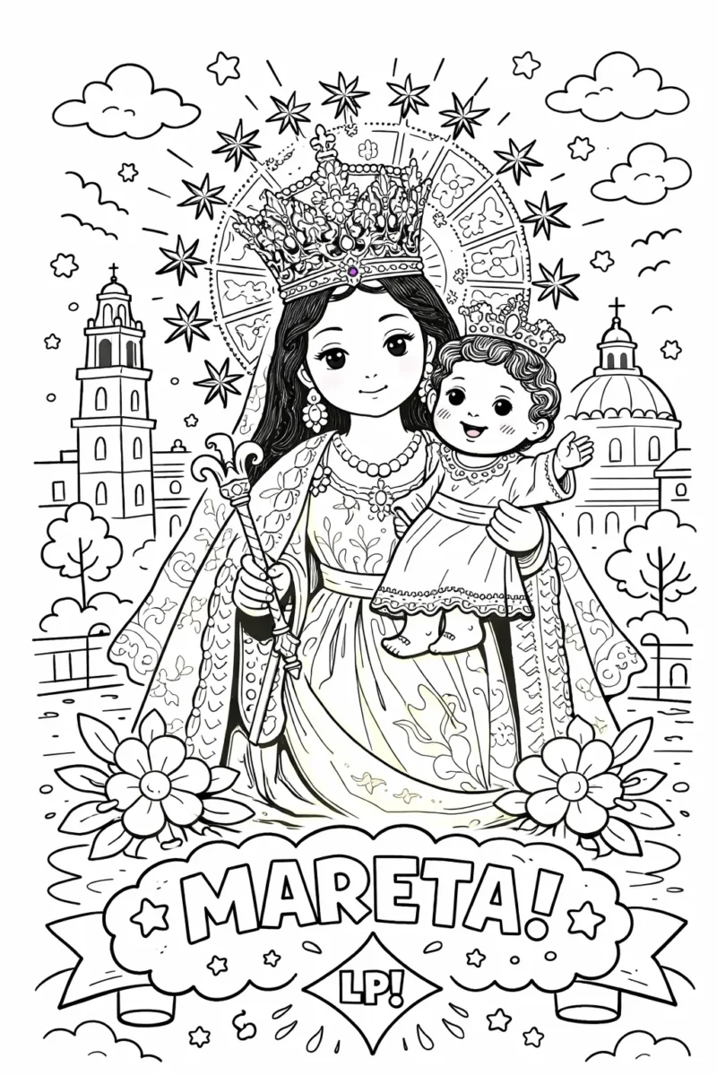 Dibujo para pintar y colorear, imprimir y descargar gratis, de la Virgen de los Desamparados de Valencia.