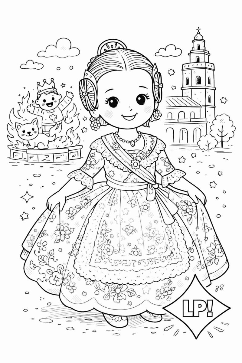 Dibujo para colorear de una fallerita valenciana vestida con traje tradicional de fallera durante las Fallas de Valencia con el logo de La Petardería