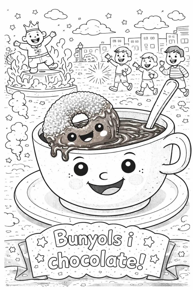 Dibujo para colorear de buñuelos y chocolate en las Fallas de Valencia,