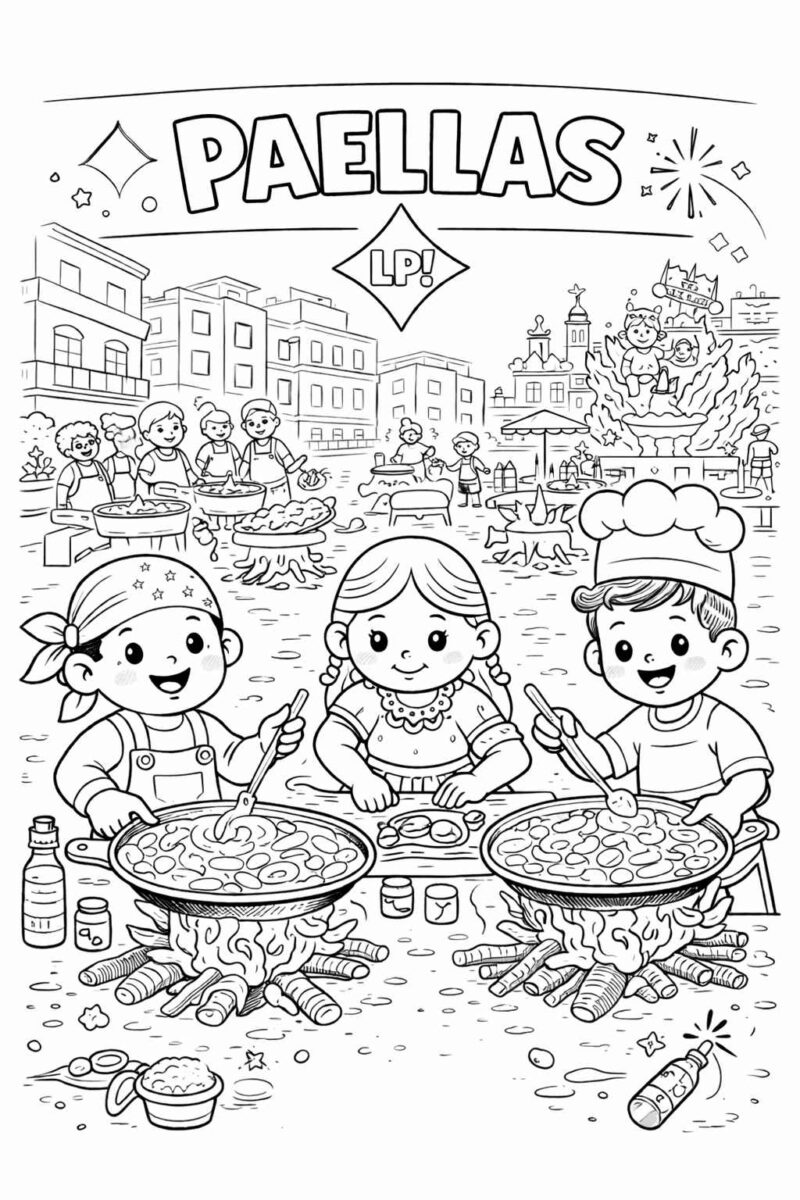 Dibujo para colorear de un concurso infantil de paellas durante las Fallas de València con niños cocinando paella en la calle y una falla al fondo