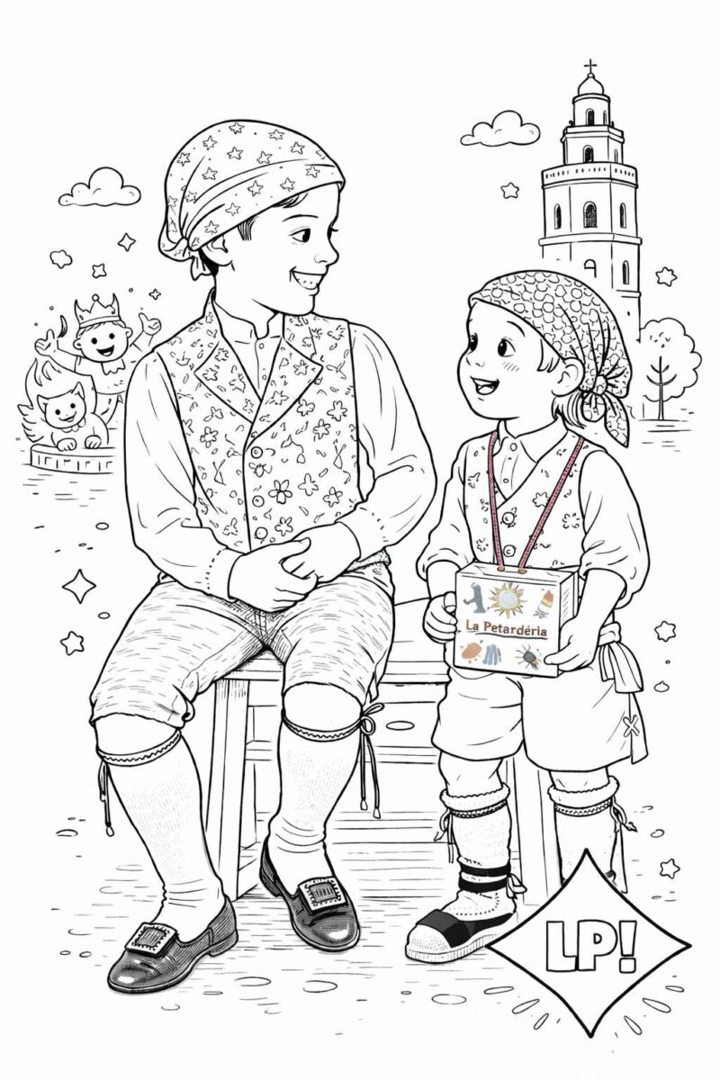 Dibujo para colorear de un fallerito valenciano vestido con traje tradicional y una caja de La Petardería colgada al cuello