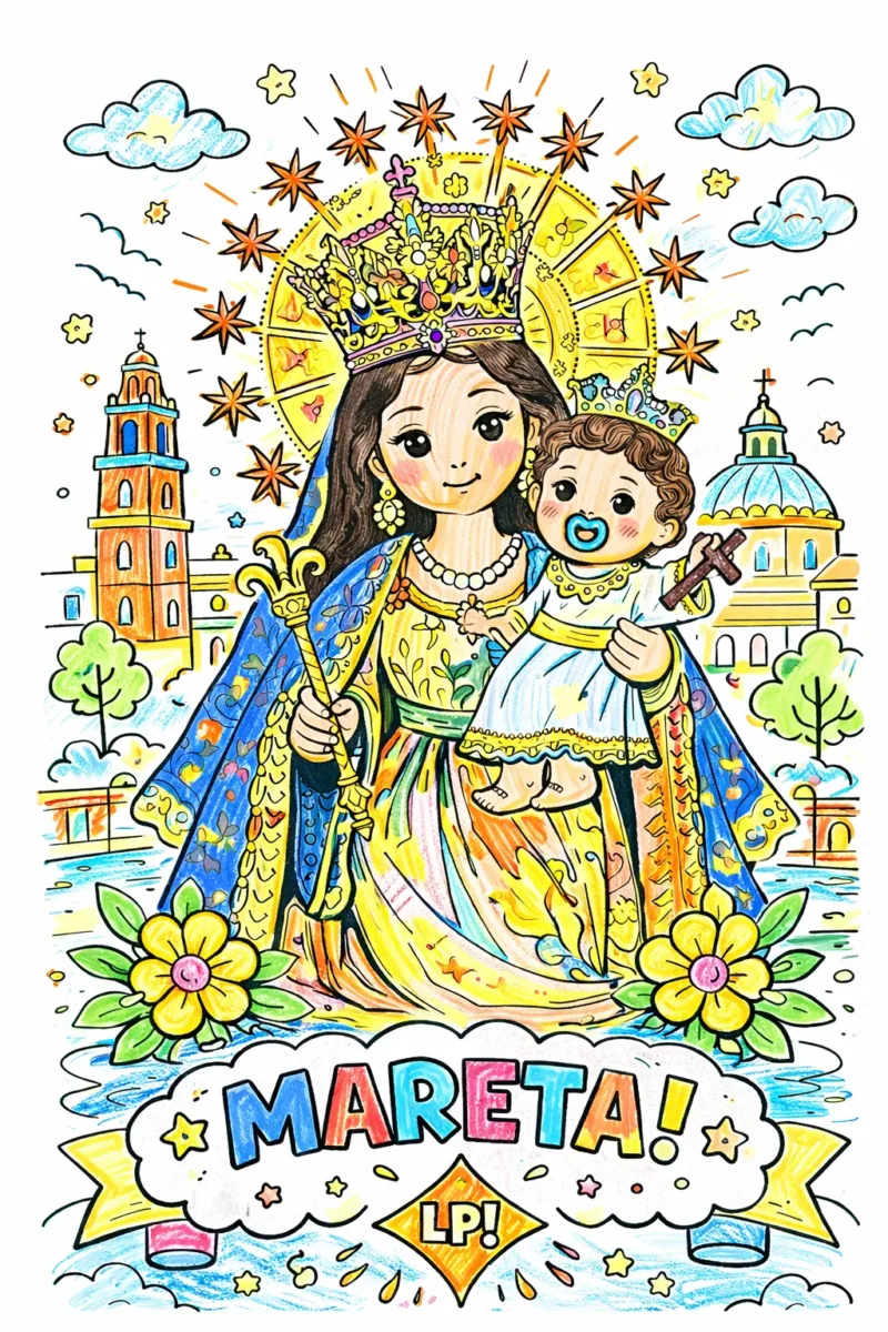 Dibujo coloreado de la Virgen de los Desamparados de Valencia