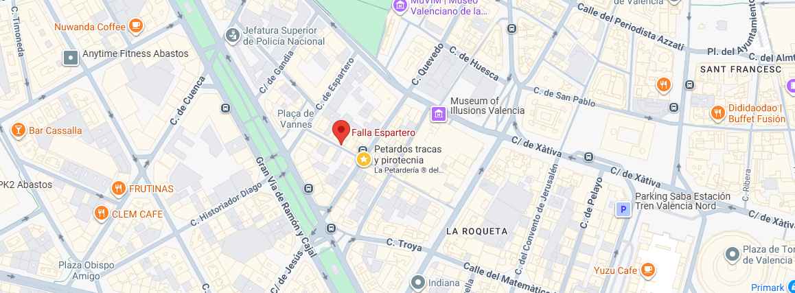 Mapa con la ubicación de la falla Espartero Ramón y Cajal, ganadora de la Sección Especial Infantil de las Fallas de Valencia 2026