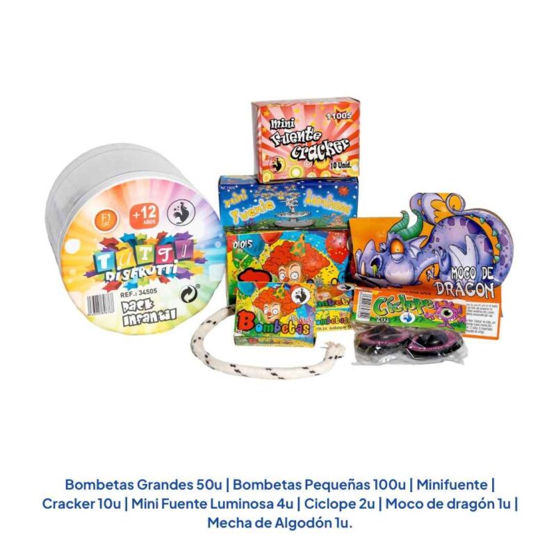 Pack Tutti Disfrutti de pirotecnia con bombetas, mini fuentes y efectos infantiles incluido en el sorteo de pirotecnia para Fallas Valencia 2026