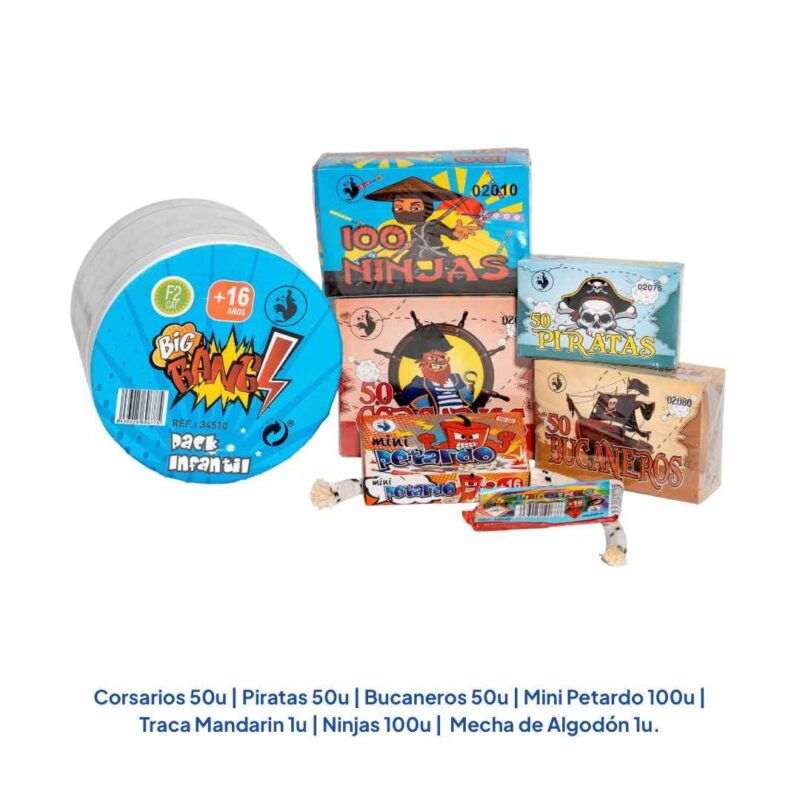 Pack Big Bang de petardos con ninjas, piratas y mini petardos incluido en el sorteo de pirotecnia para Fallas Valencia 2026 de La Petardería