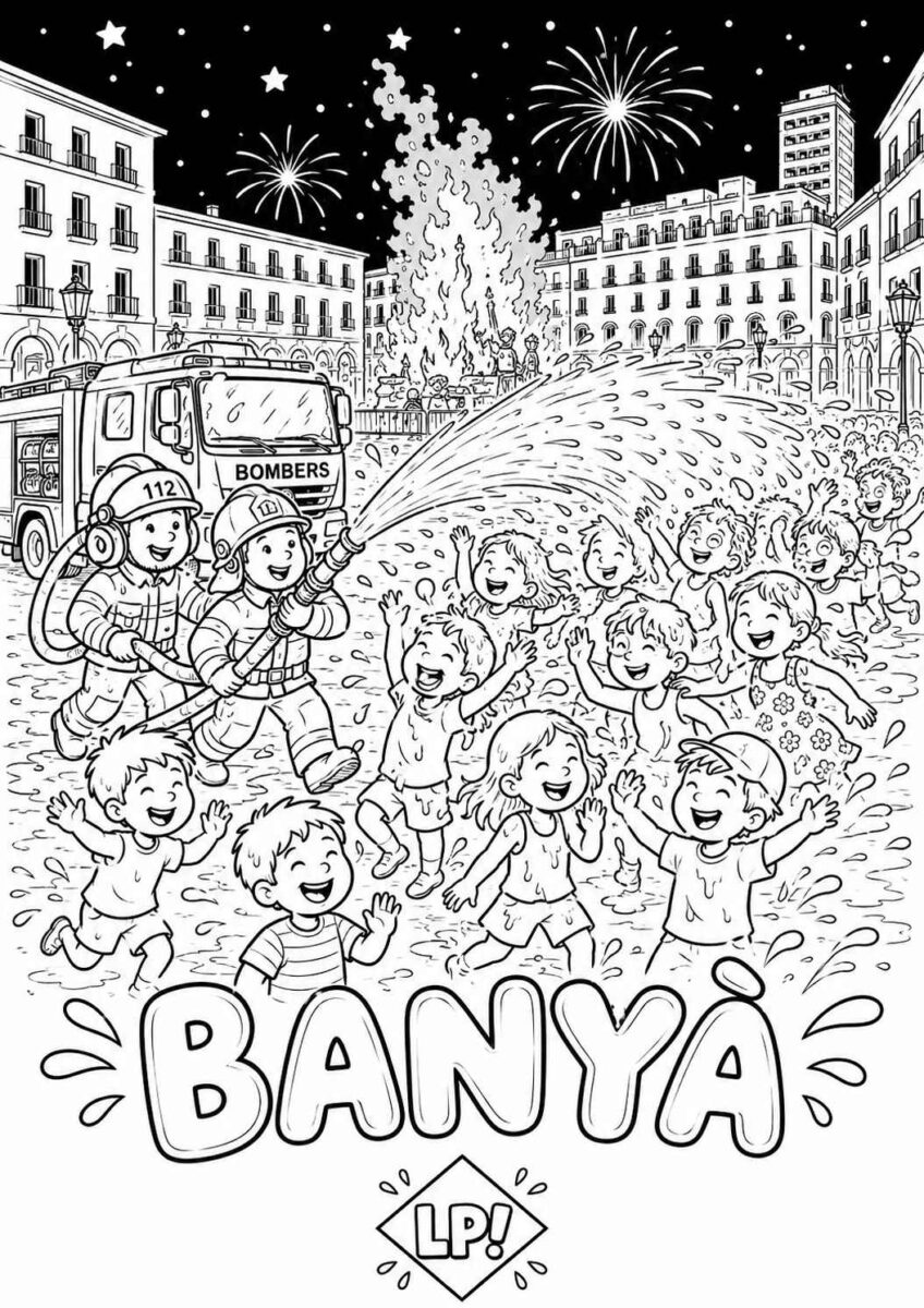 Dibujo infantil de la Banyà de las Hogueras de Alicante para colorear con bomberos mojando a niños durante les Fogueres d’Alacant