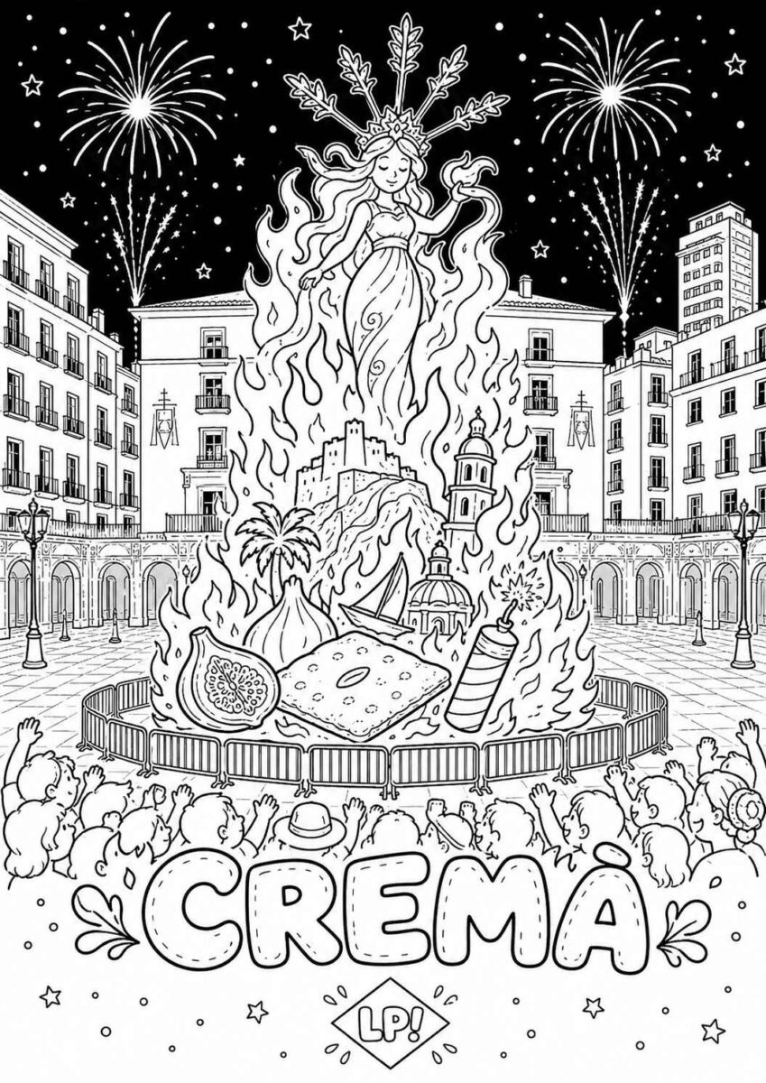 Dibujo infantil de la Cremà de las Hogueras de Alicante para colorear con una foguera ardiendo en la Plaza del Ayuntamiento