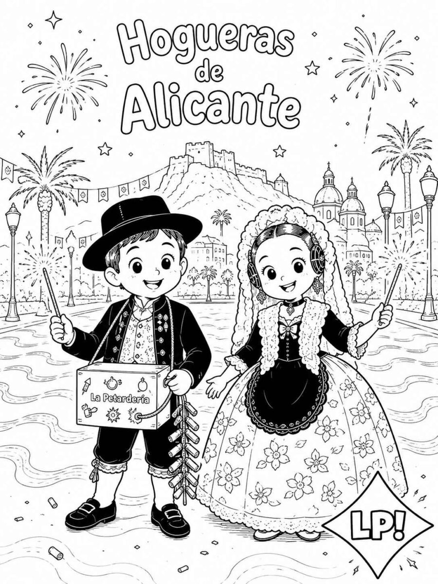 Dibujo infantil de las Hogueras de Alicante para colorear y descargar gratis con fogueres, fuego y ambiente festivo