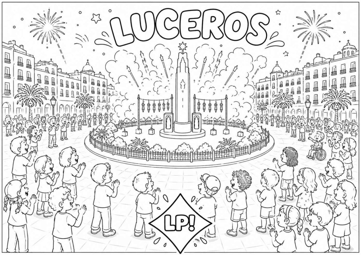 Dibujo infantil de la mascletà de Luceros para colorear y descargar gratis en las Hogueras de Alicante