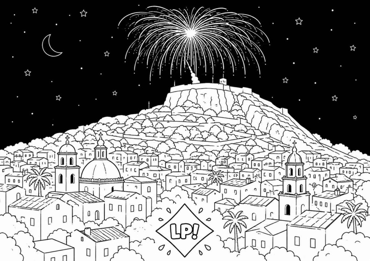 Dibujo infantil de la Palmera de fuegos artificiales sobre el Castillo de Santa Bárbara de Alicante para colorear y descargar gratis