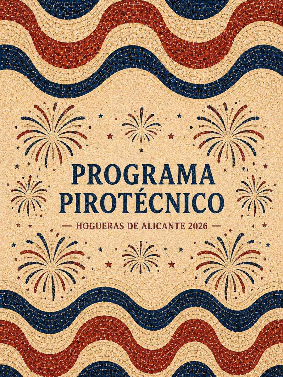 Programa pirotécnico de las Hogueras de Alicante 2026 con diseño inspirado en fuegos artificiales y mosaico mediterráneo